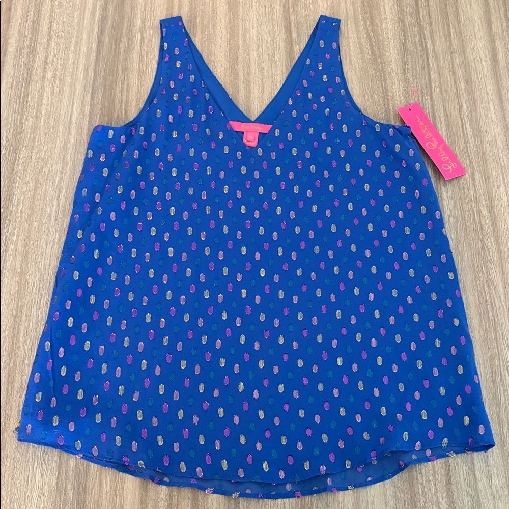 Lilly Pulitzer NWT Florin Silk Sleeveless V-Neck Tank Blouse Size XS Metallic